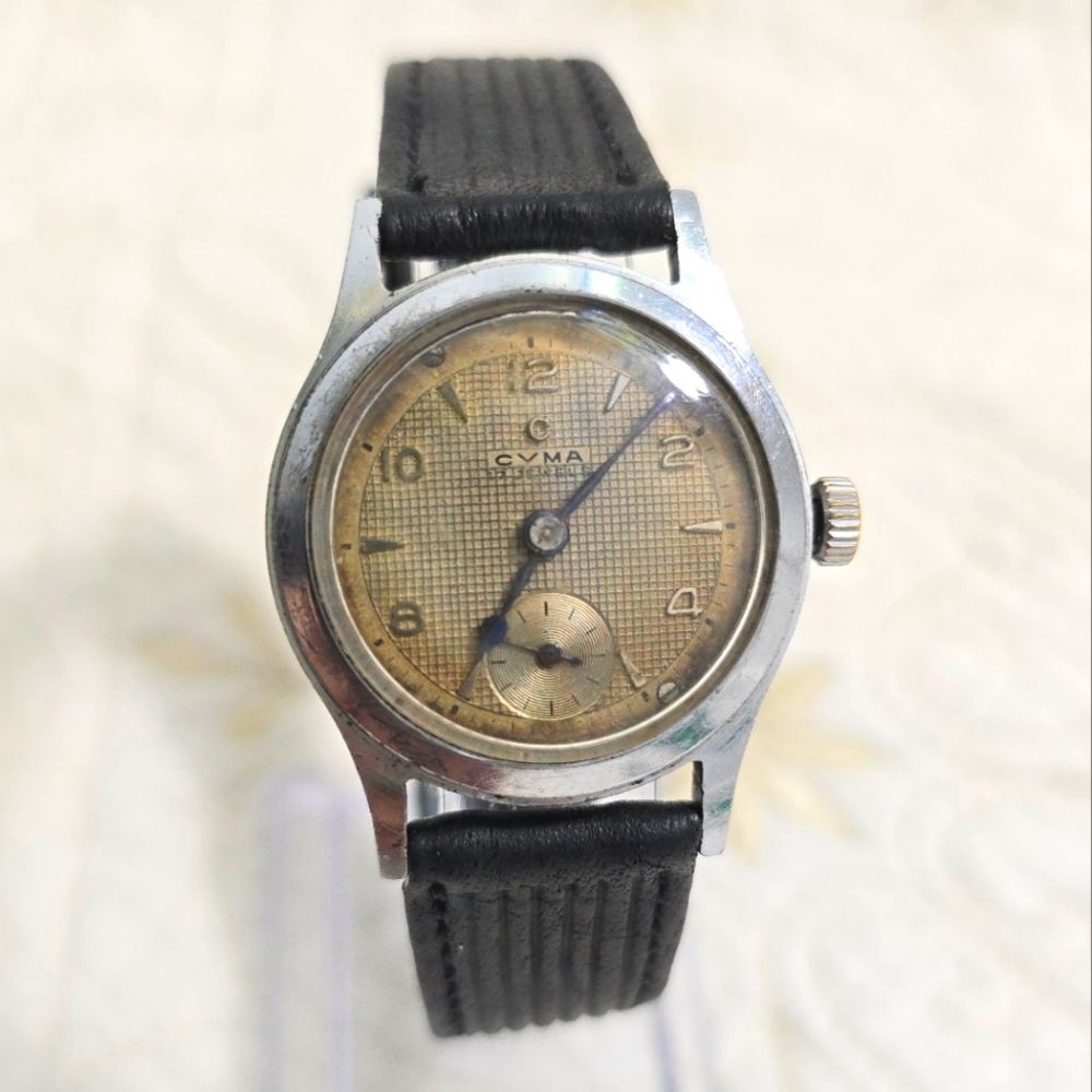 Rare VTG Cyma Manual Wind Watch Honeycomb Dial Metallic Blue 1940s Mechanical